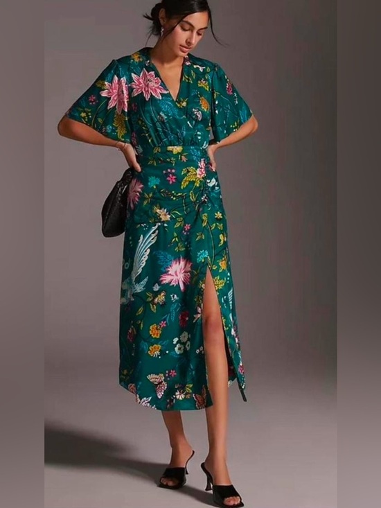 Anthropologie Dresses & Skirts - Anthropologie Maeve Floral Button Front Wrap Shirt Dress Size 8 Green Boho